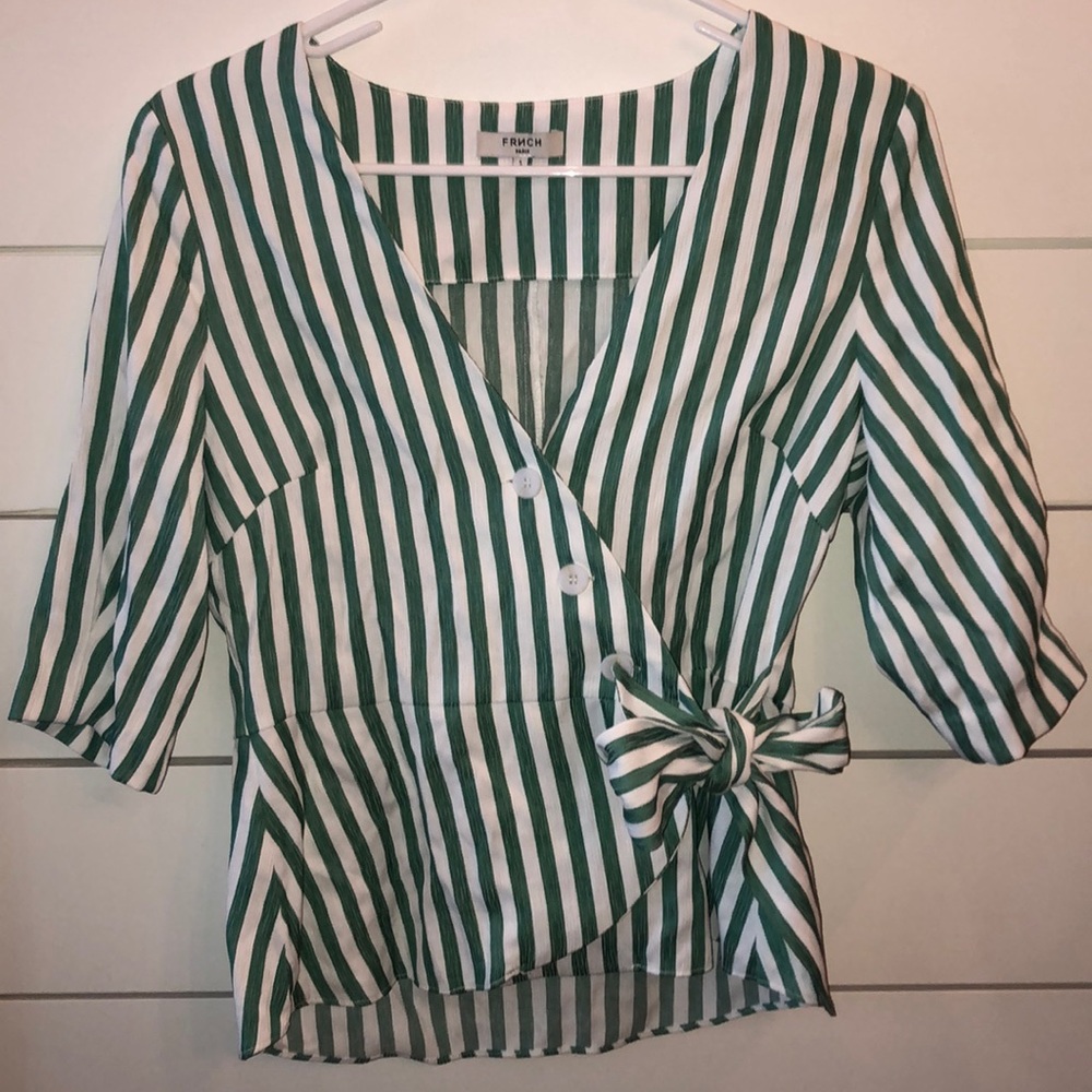 FRNCH green and white stripe tie blouse